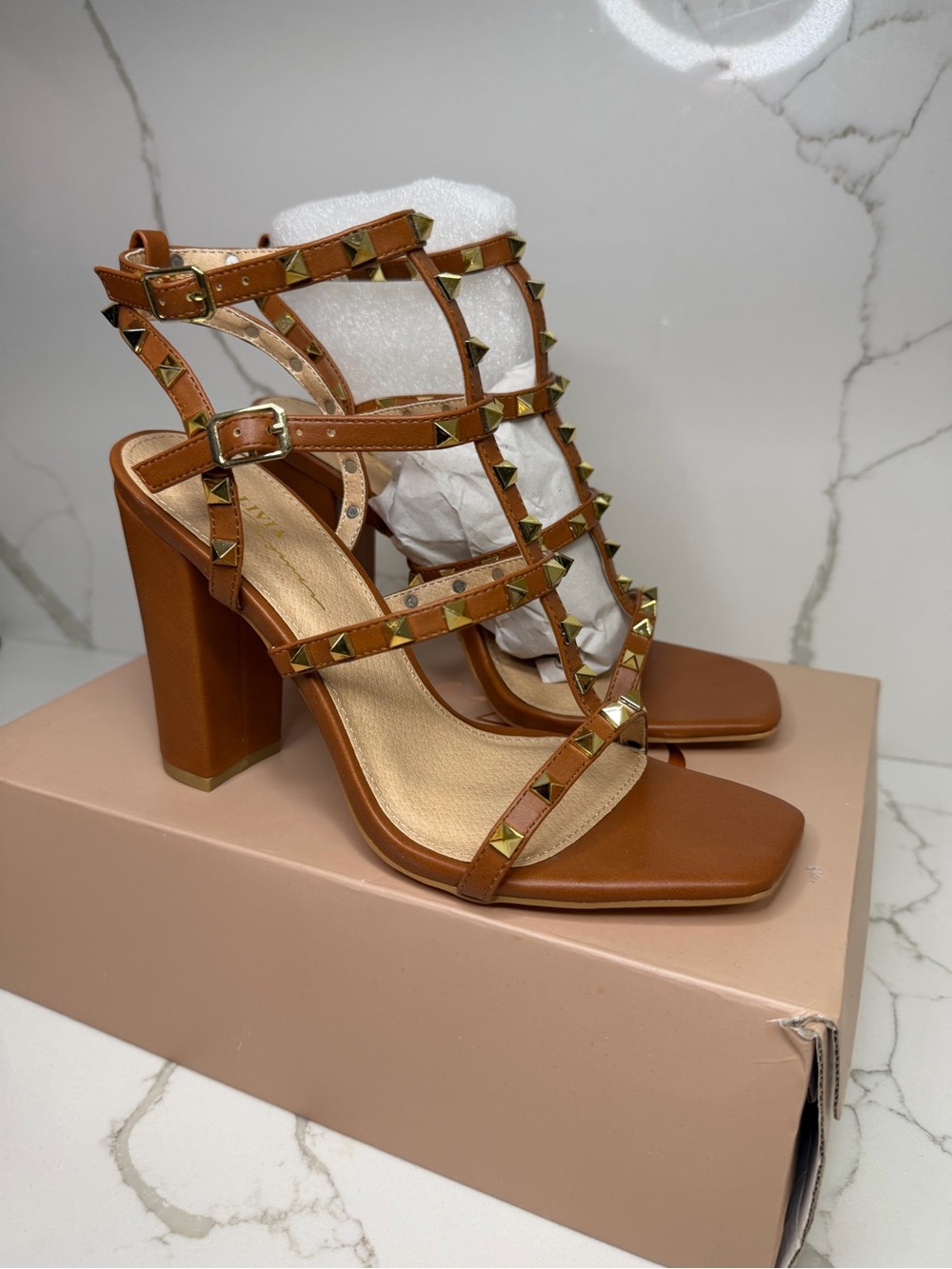 Studded Tan Strappy High Block Heel Sandal